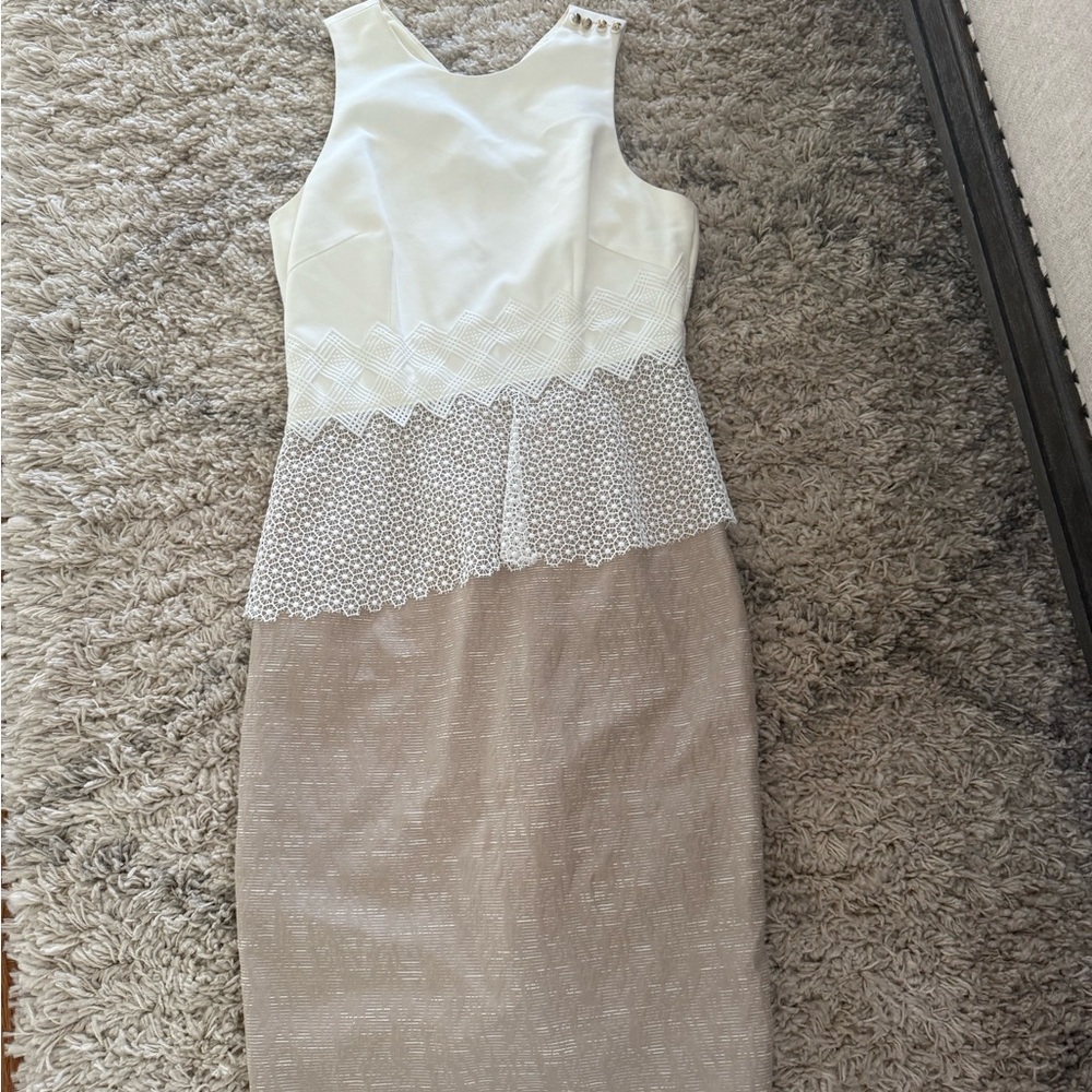Elegant White and Beige Sleeveless Dress